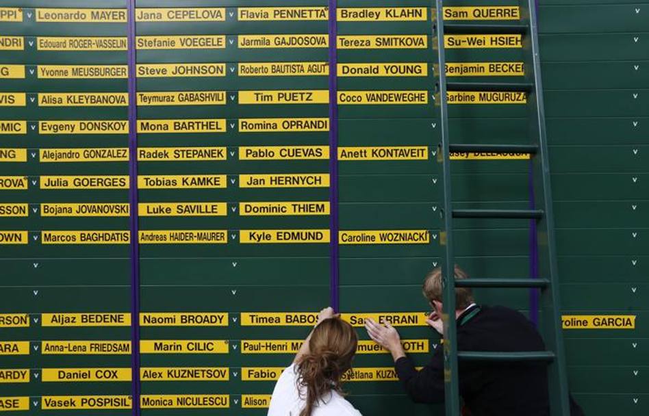 Il tabellone prende pian piano forma con i nomi di tutti i partecipanti. In foto, gli addetti di Wimbledon mentre attaccano il cartello di Sara Errani. Lapresse